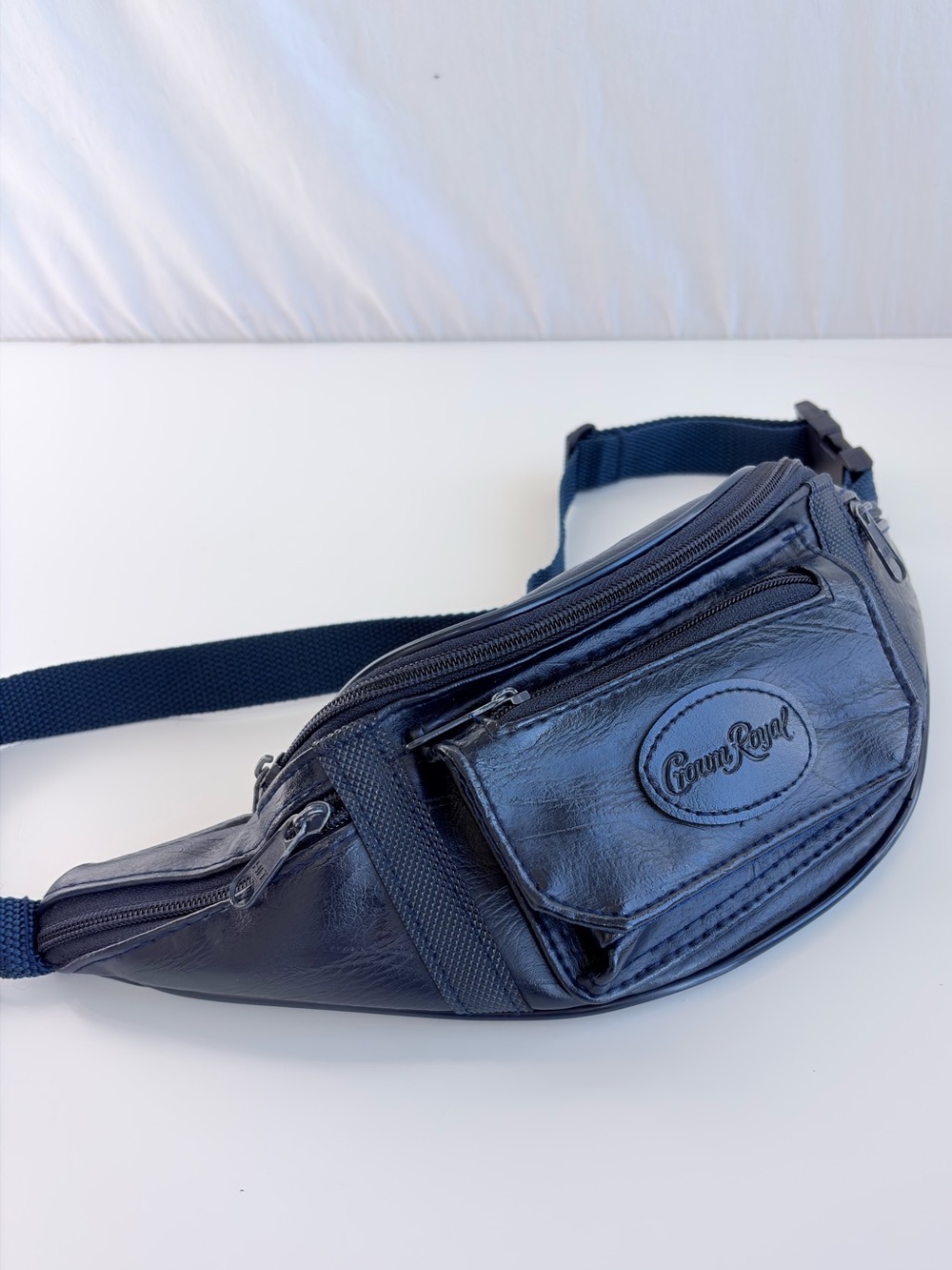 Crown Royal Navy Blue Faux Leather Zipper Belt Bag Fanny Pack Adjustable Strap